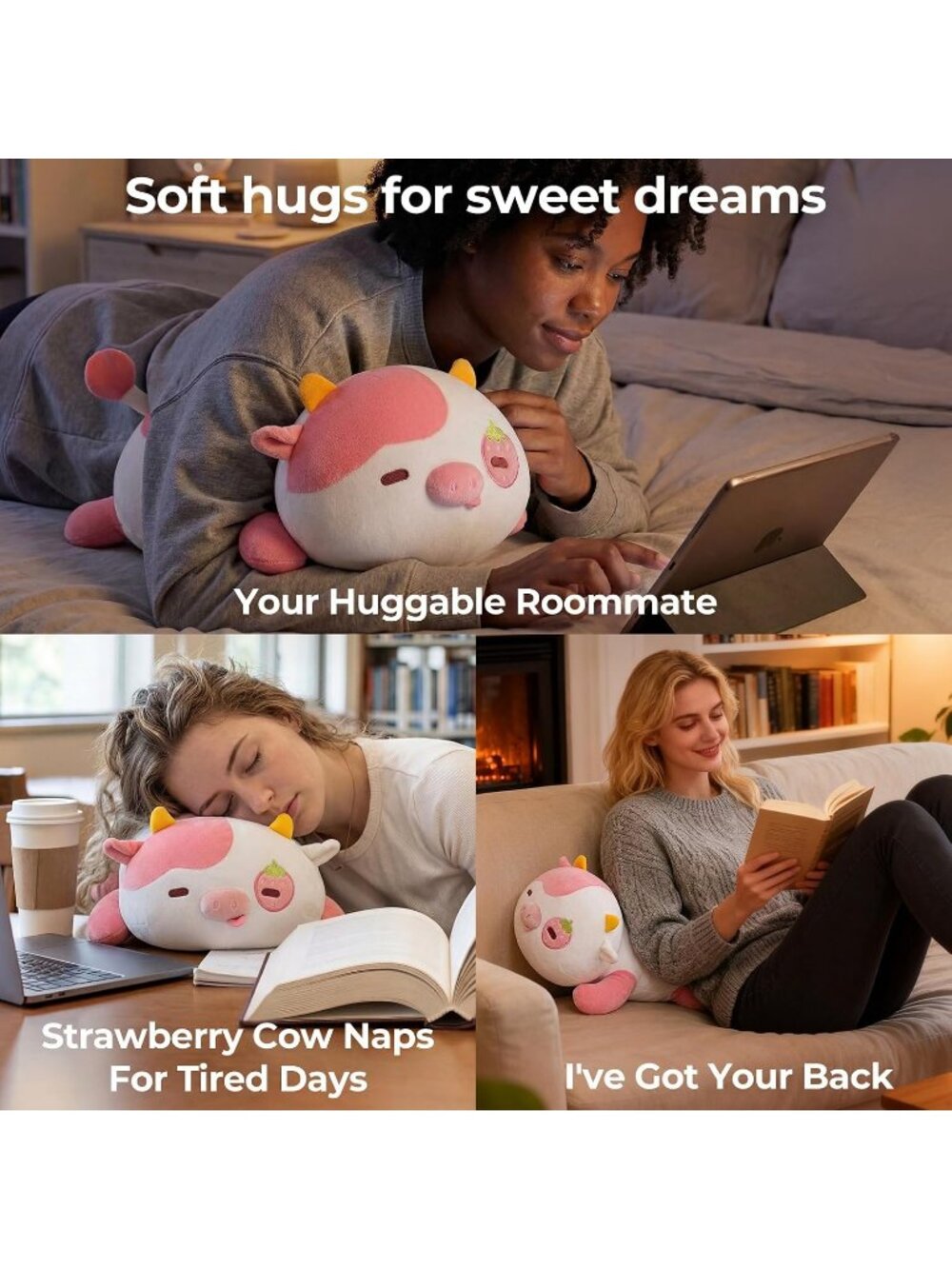 Strawberry Cow Plush Pillow 13" Cute Squishy Huggable Stuffed Animal Decor - Picture 6 of 6